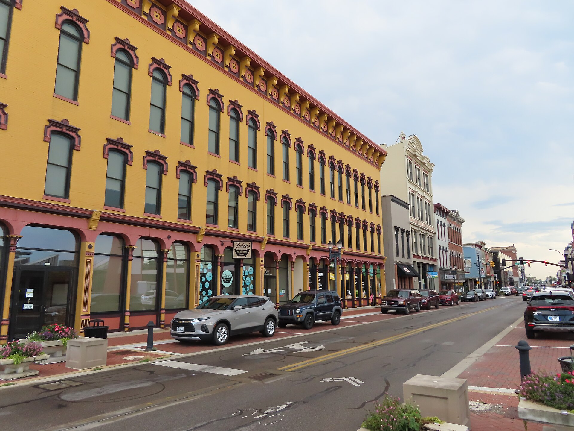 Historic brick storefronts on Walnut Street in downtown Muncie